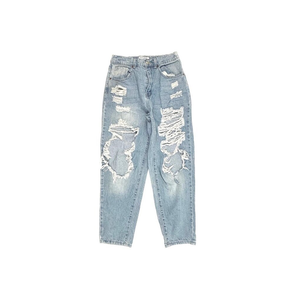 Wax Jean Back Elastic Distressed Straight Women's size L Light Blue Denim jeans